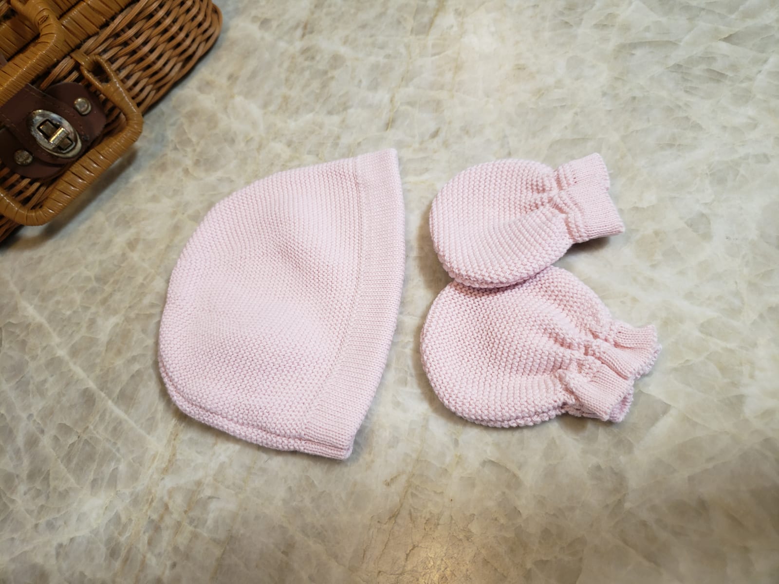 Touca e Luvas Rosa Bebê